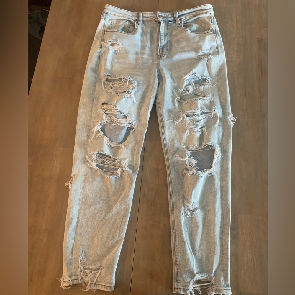 Distressed, light wash AE American Eagle Boyfriend/straight cut jeans